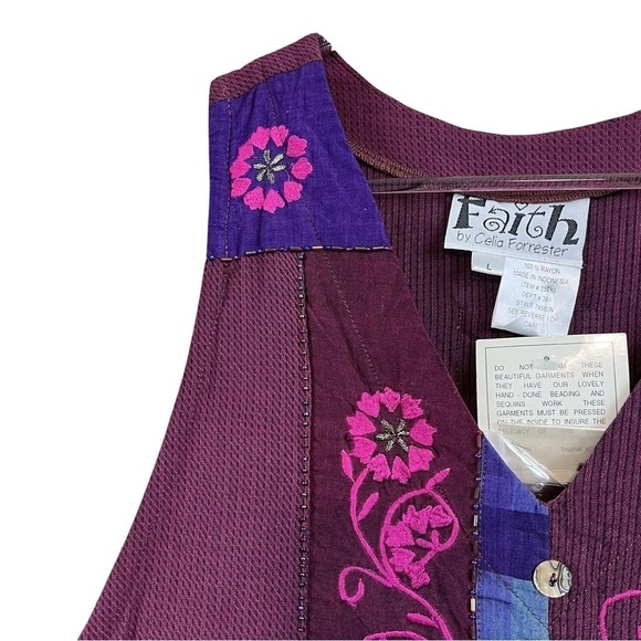 Faith by Celia Forrester Embroidered Patchwork Floral Art Dress Burgundy Size L - Picture 3 of 8